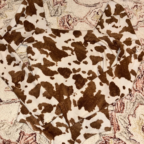 Brown and White Cow Print Long Sleeve Top - Picture 1 of 2